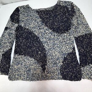 Sigrid Olsen Petite S Hand-Knit Textured Sweater Blue Cream Abstract‎ Cozy